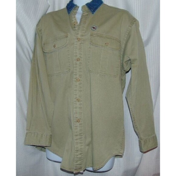 Vtg. Canadian Outdoors Long-Sleeve Button Shirt Embroidered Moose Khaki/Denim XL - Picture 4 of 13